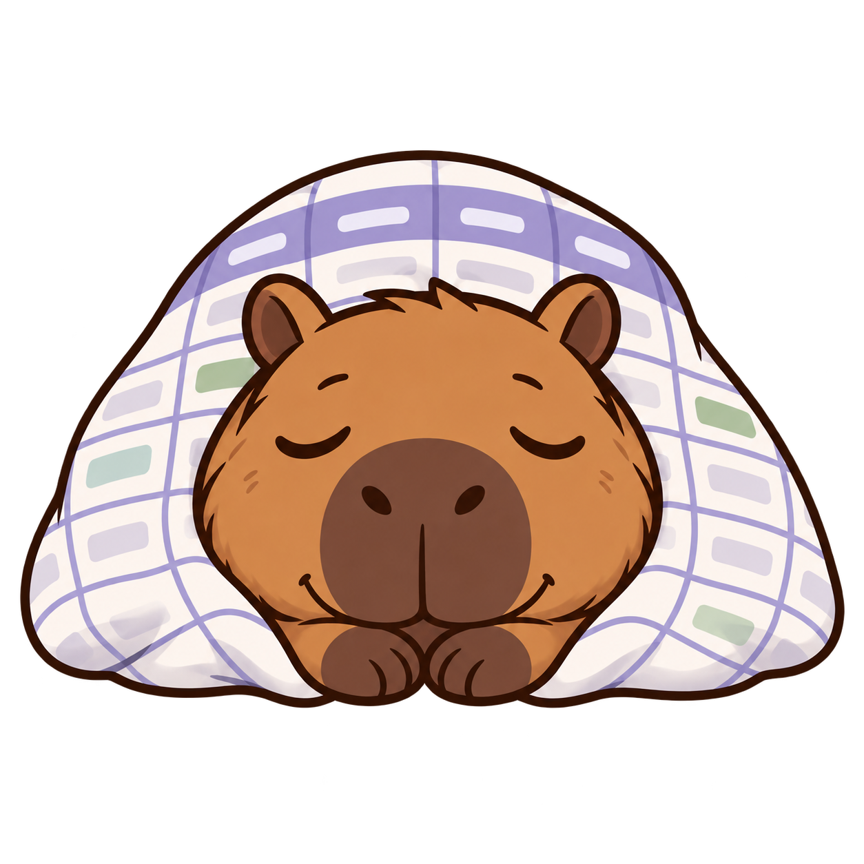 A sleepy capybara peeking out of a lavender table-pattern blanket