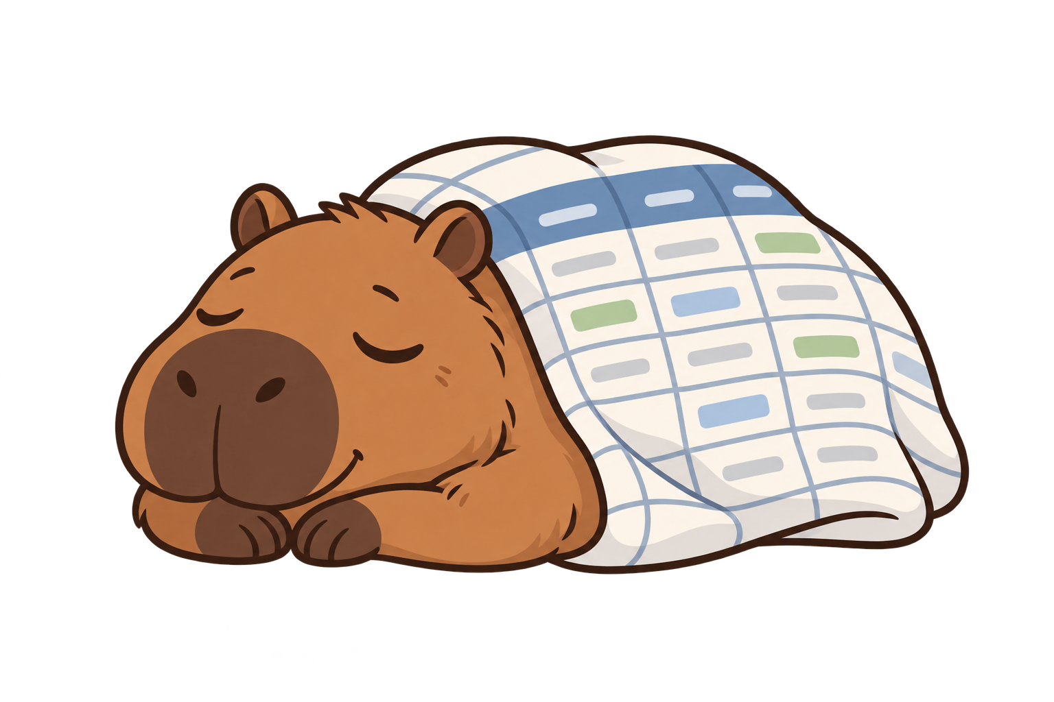 A capybara resting under a blue table-pattern blanket