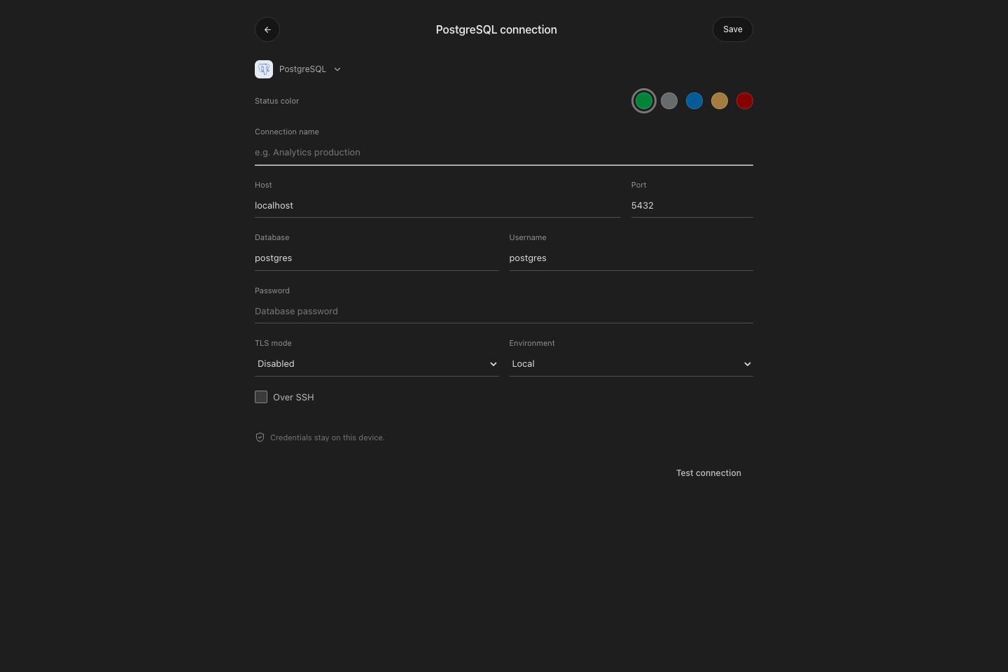 PostgreSQL connection form with status color, host, port, TLS mode and SSH option