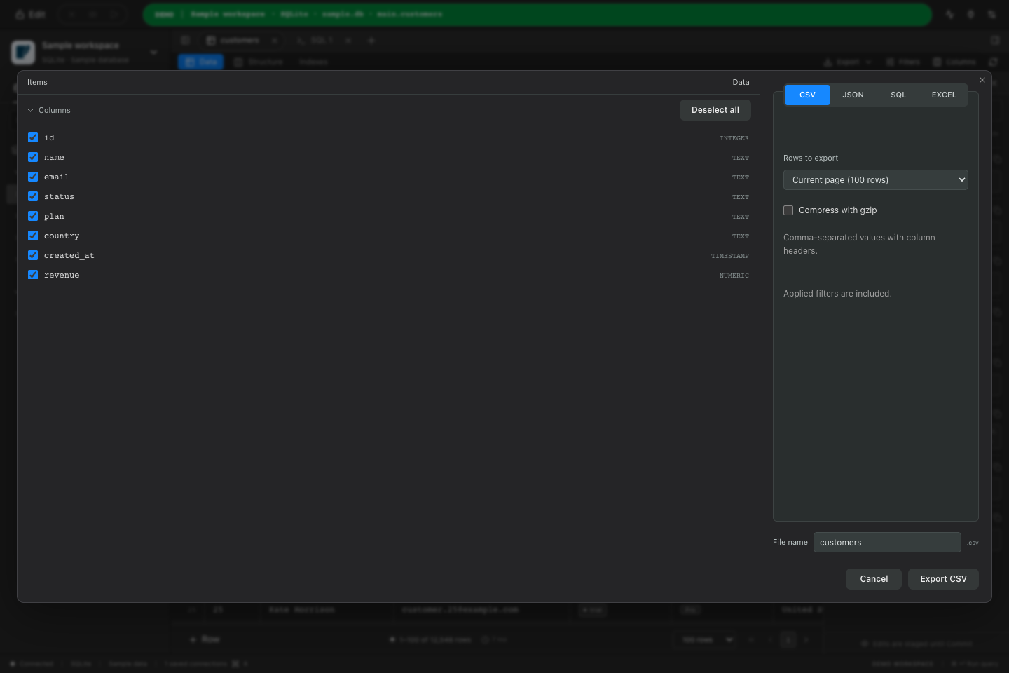 Export dialog with column selection and CSV, JSON, SQL and Excel format tabs