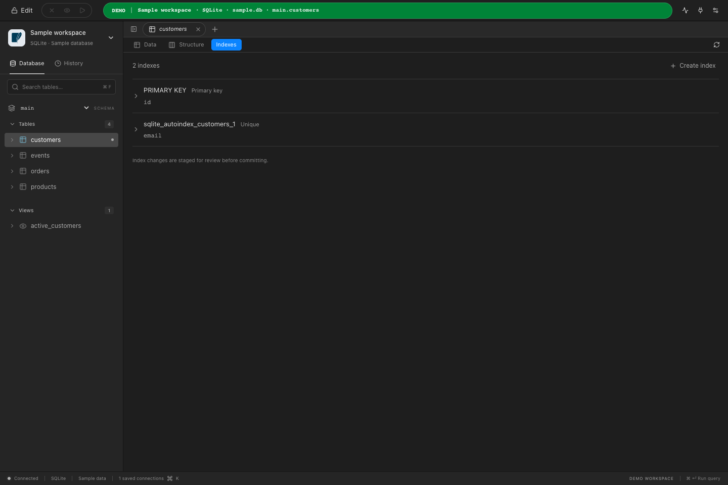 Indexes tab listing a primary key and a unique index with a Create index action