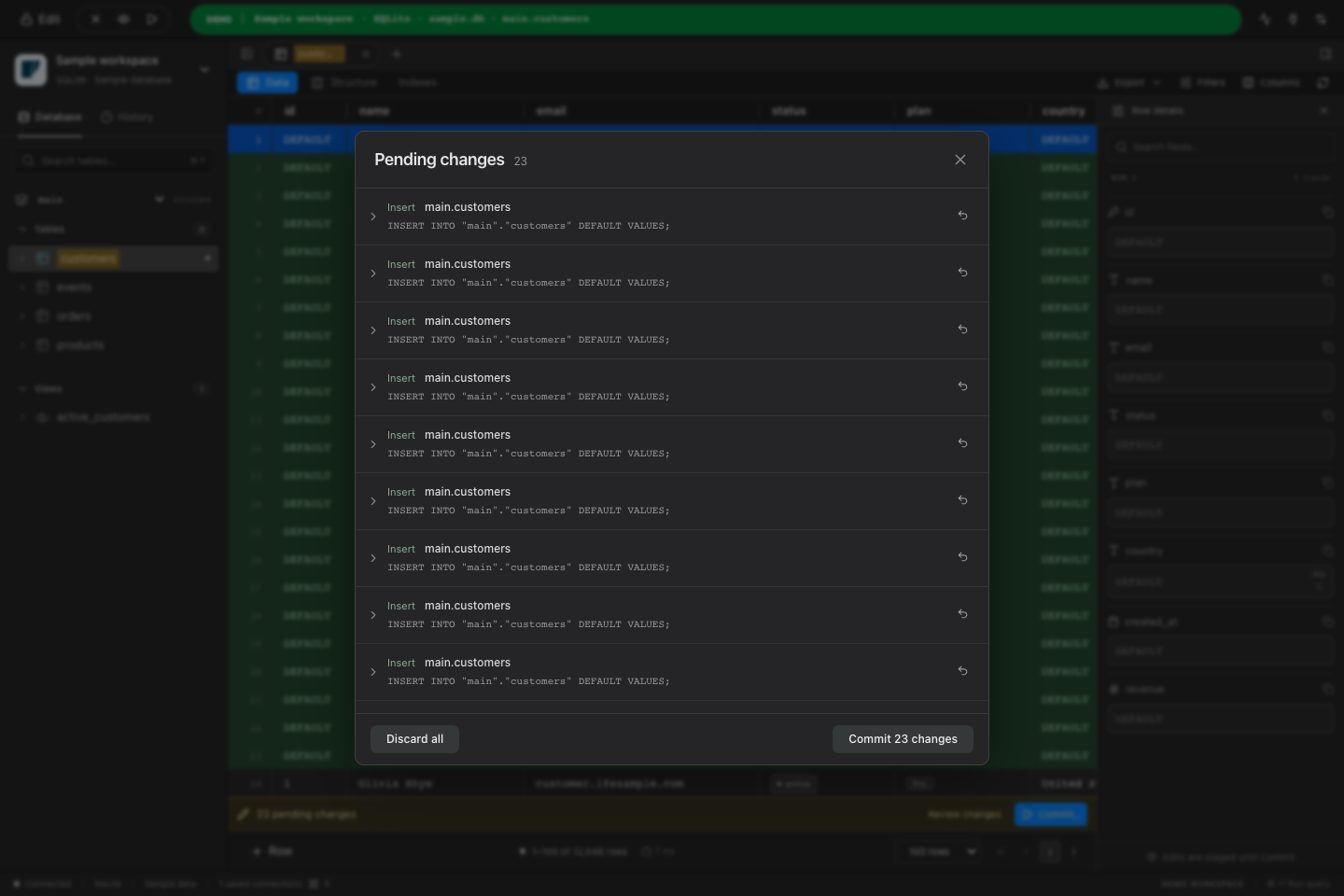 Pending changes dialog listing 23 staged inserts with a Commit button