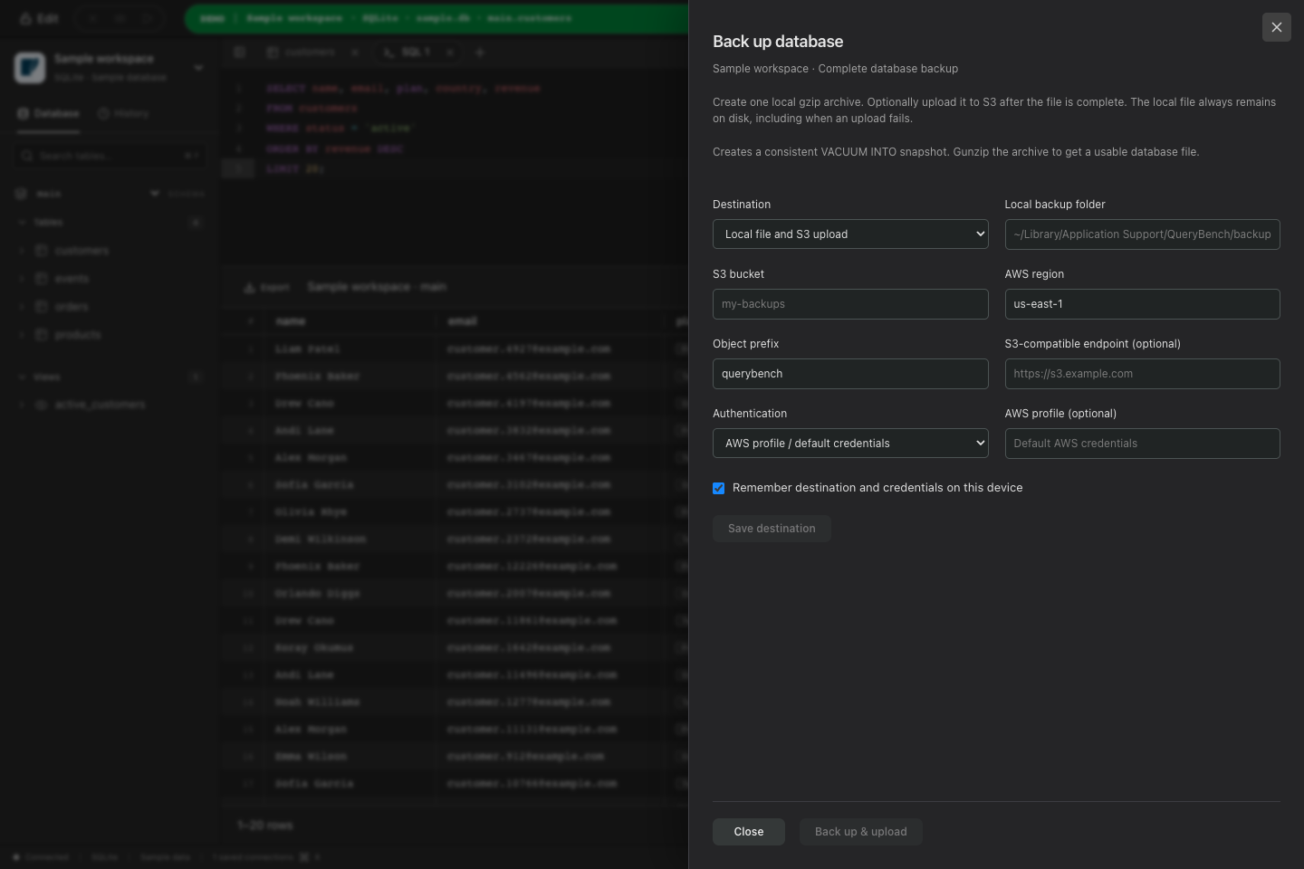 Back up database panel with Local file and S3 upload selected, showing bucket, region and credentials fields
