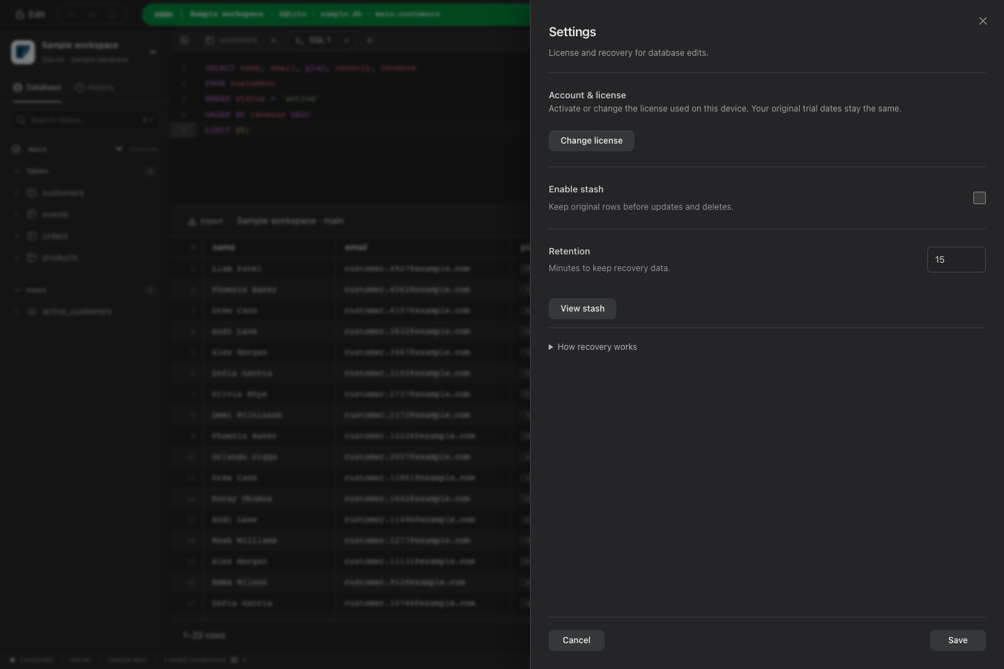 Settings panel with Enable stash and a retention field in minutes