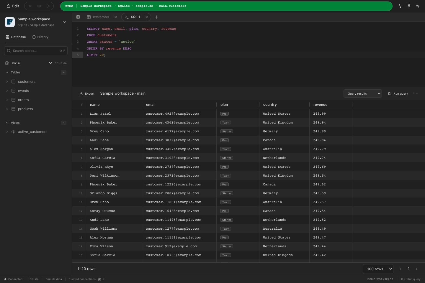 QueryBench SQL editor on the desktop