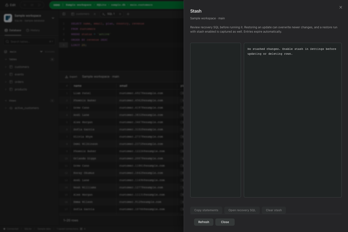 Stash panel with recovery SQL controls
