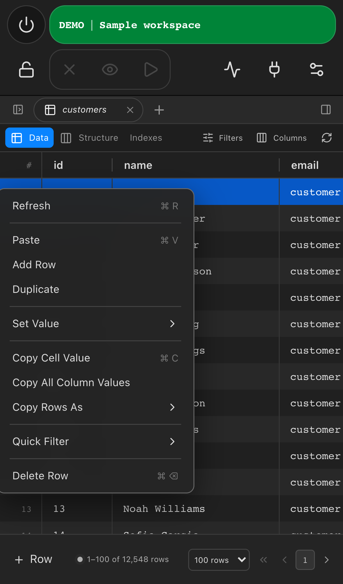 Row context menu on iPhone with paste, duplicate, set value, copy and quick filter actions